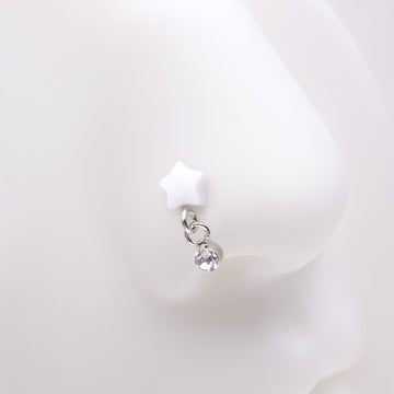 Detail View 1 of Kawaii Pop Fluffy Star Dangle Sparkle L-Shaped Nose Ring-White/Clear Gem